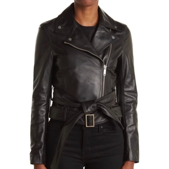 Palm Angels Logo Print Leather Belted Biker Jacket - Picture 5 of 12